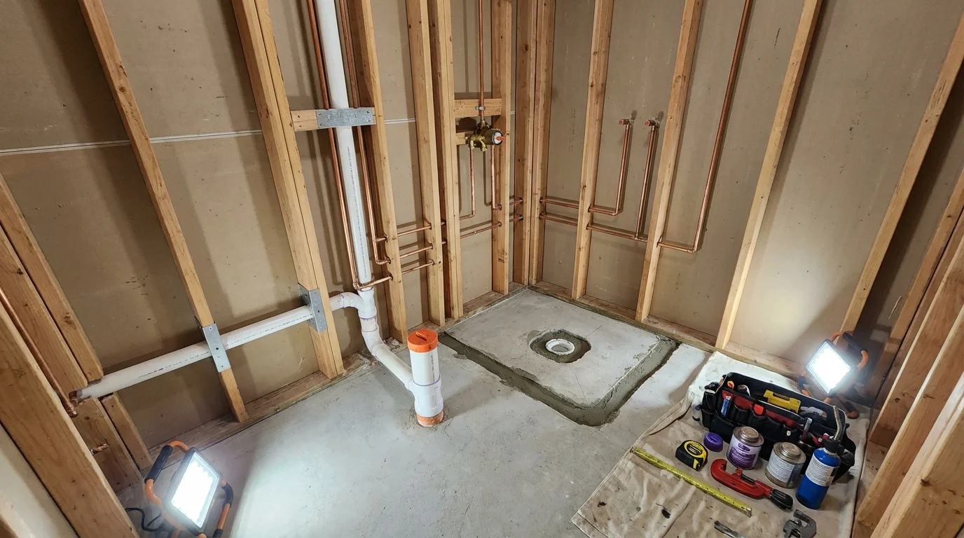 Bathroom rough-in plumbing during remodel by Johns Plumbing LLC in North Falmouth