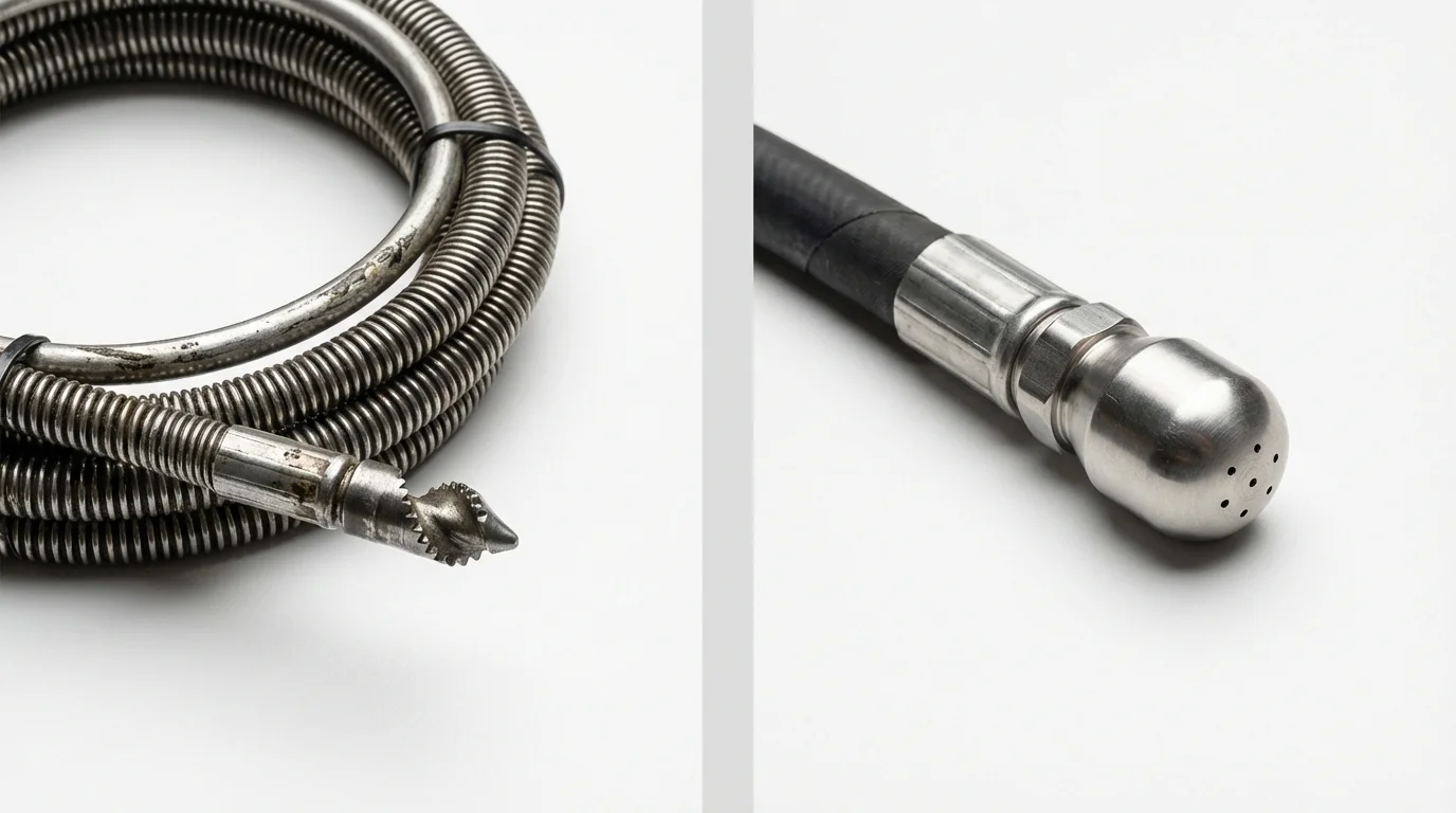 Drain snake cable and hydro jetting nozzle used for drain cleaning in North Falmouth, MA
