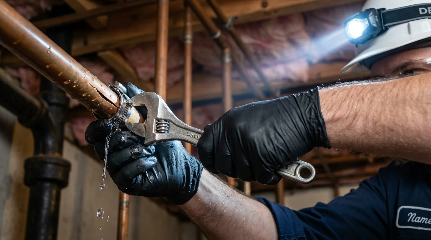 Emergency pipe clamp repair being performed by a Johns Plumbing LLC plumber in North Falmouth