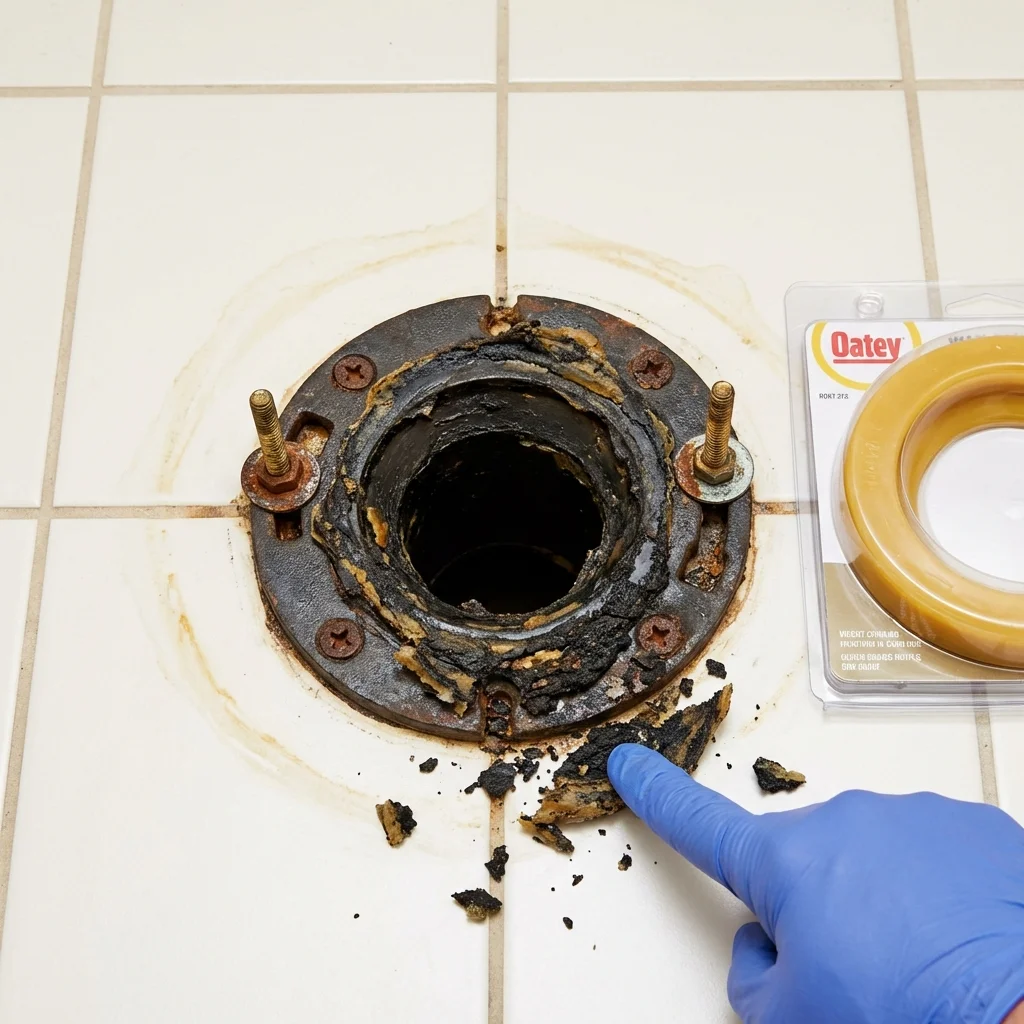 Failed wax ring showing water seepage at the base of a toilet in a North Falmouth, MA home
