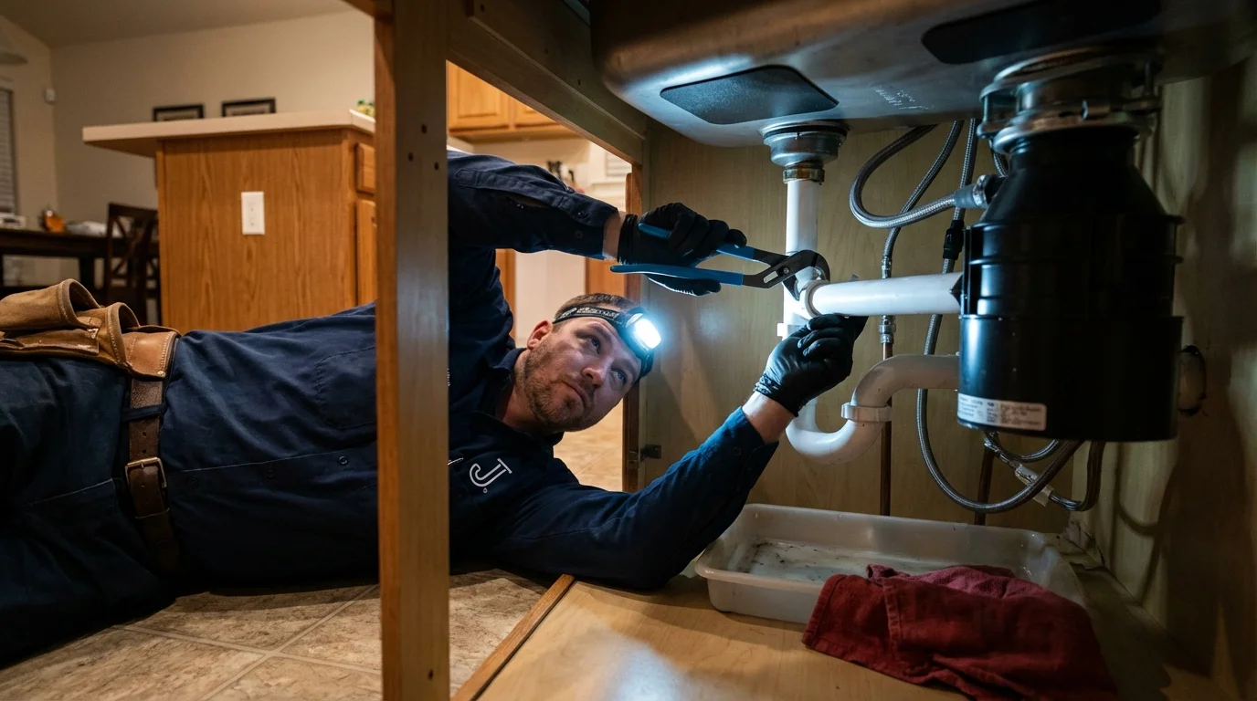 P-trap and supply line connections under a kitchen sink showing a common leak point in North Falmouth, MA